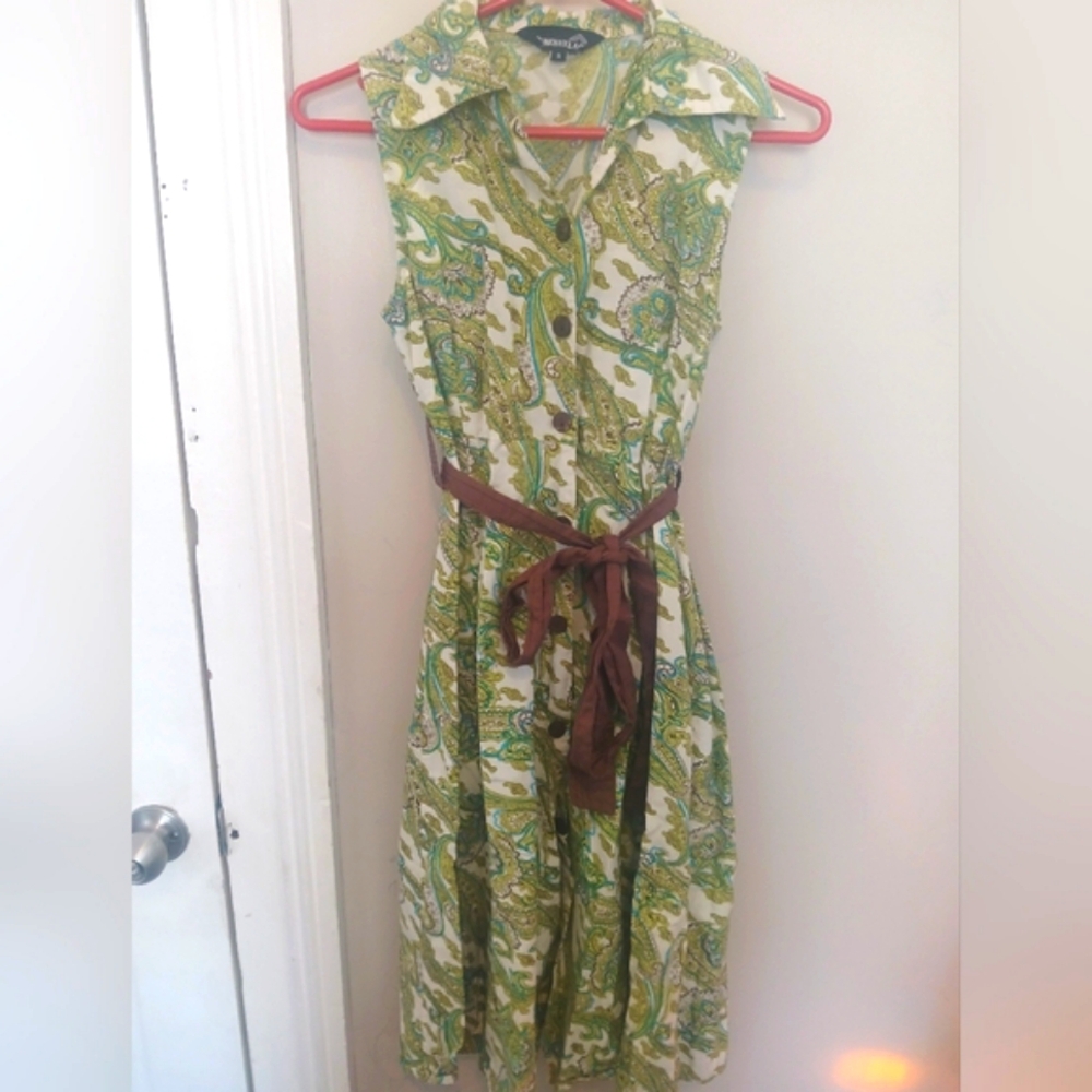Fashion Village 100% Cotton Sustainable Green Paisley Dress with Brown Belt